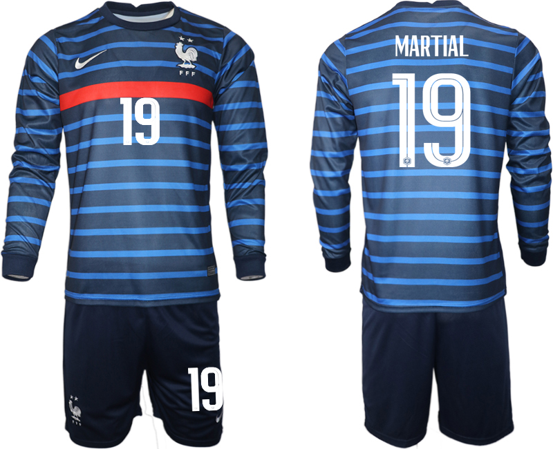 Cheap Men 2021 European Cup France home blue Long sleeve 19 Soccer Jersey